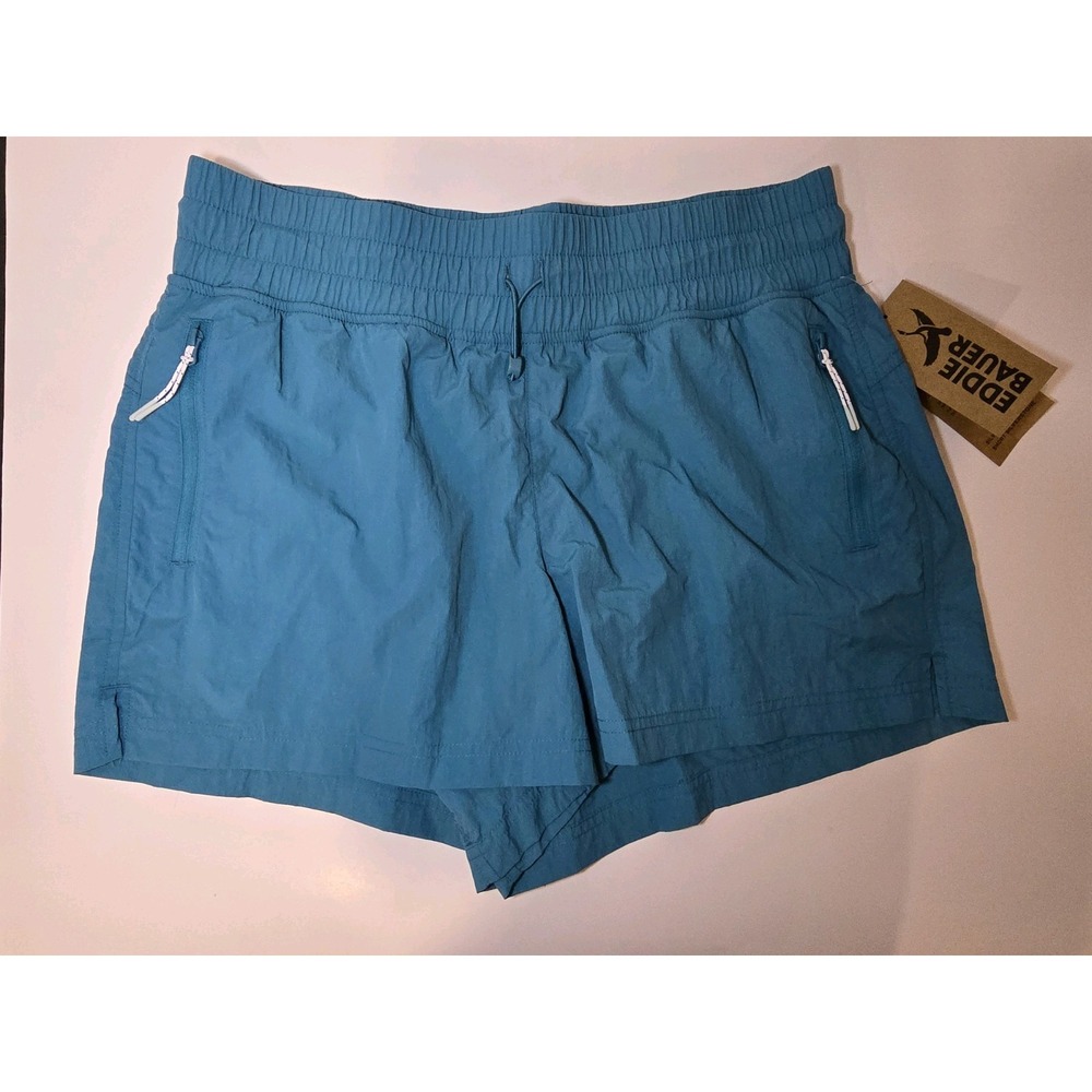 Eddie Bauer Womens Medium Shorts NWT Blue Teal Nylon Hiking Pull On Zip Pockets